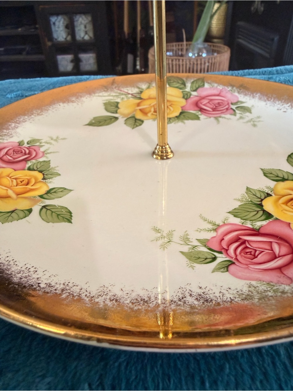 Vintage Weatherby Two-Tier Floral Serving Stand in Yellow & Pink with Gold Trim - Picture 5 of 6